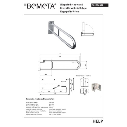 Bemeta HELP Uchwyt składany w kształcie litery U 850 mm stal nierdzewna szlifowana 301606322