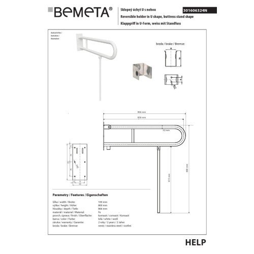 Bemeta HELP Składany uchwyt w kształcie litery U z podporą 850mm biały 301606324N