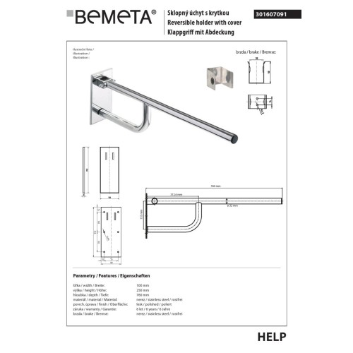 Bemeta HELP Uchwyt składany stal nierdzewna 760mm z osłoną 301607091