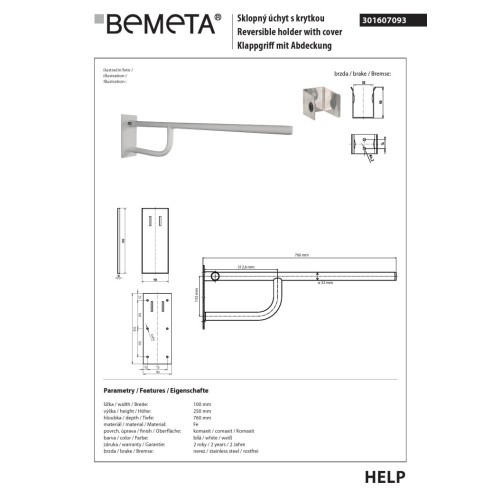 Bemeta HELP Uchwyt składany biały 760mm z osłoną 301607093