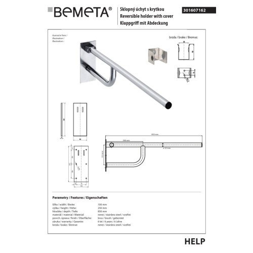 Bemeta HELP Składany uchwyt stal nierdzewna szlif 850mm z osłoną 301607162