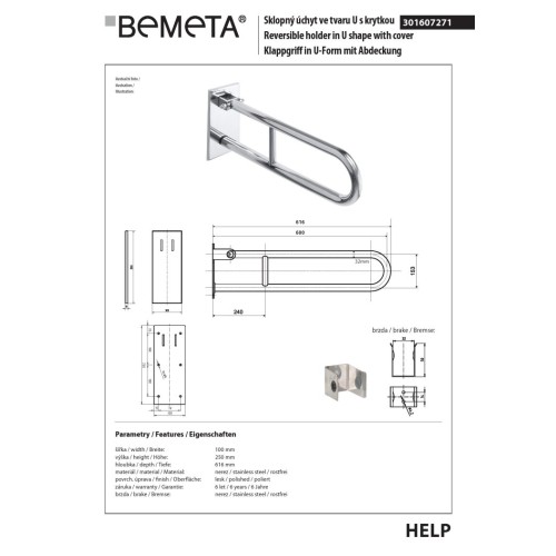 Bemeta HELP Uchwyt składany w kształcie litery U 600 mm stal nierdzewna z pokrywą 301607271