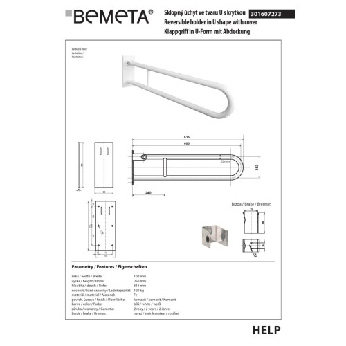 Bemeta HELP Uchwyt składany w kształcie litery U 600 mm biały z osłoną 301607273