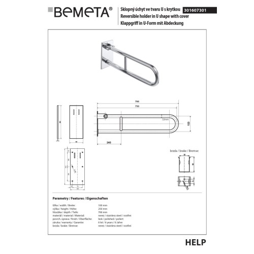 Bemeta HELP Uchwyt składany w kształcie litery U 750 mm stal nierdzewna z pokrywą 301607301