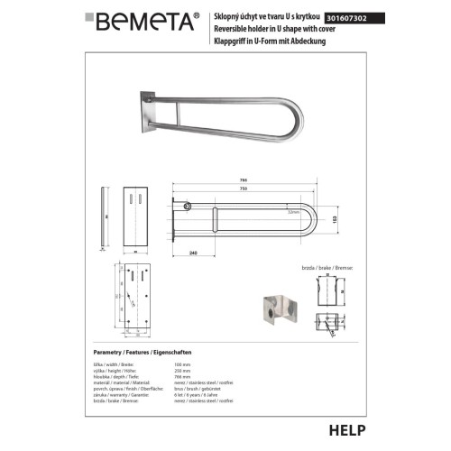 Bemeta HELP Uchwyt składany w kształcie litery U 750 mm matowy z osłoną 301607302