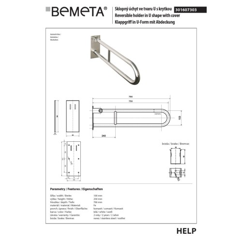 Bemeta HELP Uchwyt składany w kształcie litery U 750 mm biały z osłoną 301607303