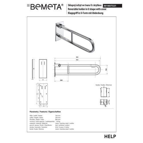 Bemeta HELP Uchwyt składany w kształcie litery U 850 mm stal nierdzewna z pokrywą 301607321