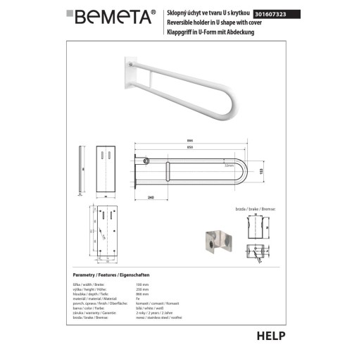 Bemeta HELP Uchwyt składany w kształcie litery U 850 mm biały z osłoną 301607323