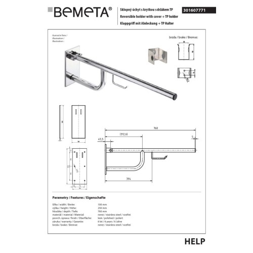 Bemeta HELP Składany uchwyt ze stali nierdzewnej z pokrywą i uchwytem TP 760mm 301607771