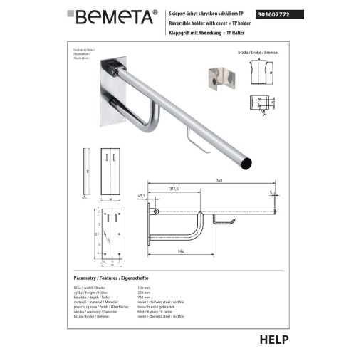 Bemeta HELP Uchwyt składany z pokrywą i uchwytem TP 760mm 301607772