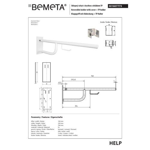 Bemeta HELP Uchwyt składany biały z osłoną i uchwytem TP 760mm 301607773