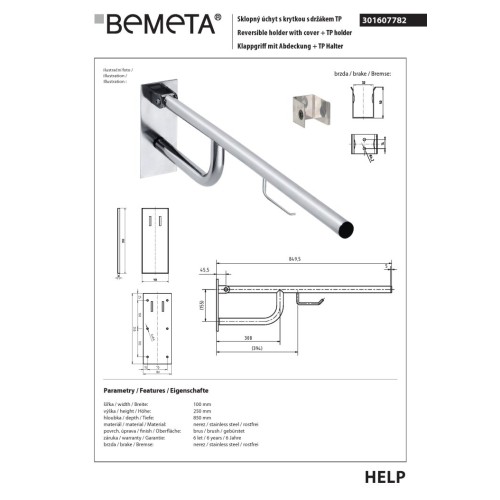 Bemeta HELP Uchwyt składany ze stali nierdzewnej 850mm z pokrywą i uchwytem TP - matowy 301607782