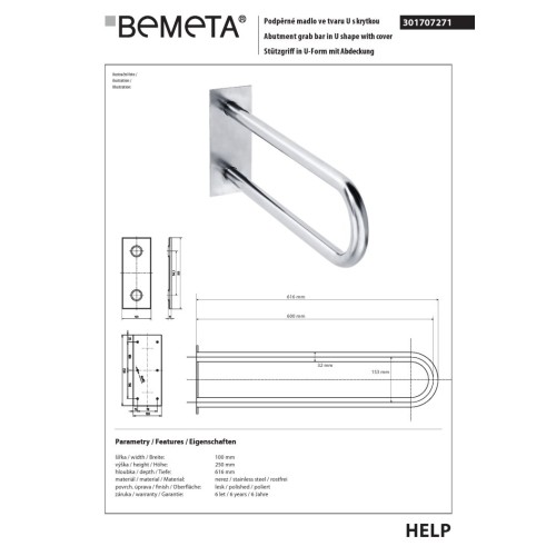 Bemeta HELP Uchwyt w kształcie litery U 600 mm stal nierdzewna z pokrywą 301707271