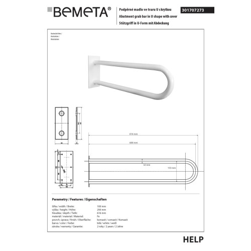 Bemeta HELP Uchwyt w kształcie litery U 600 mm biały z osłoną 301707273