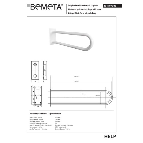 Bemeta HELP Uchwyt w kształcie litery U 750 mm biały z osłoną 301707303