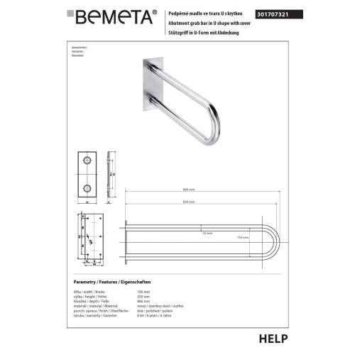Bemeta HELP Uchwyt w kształcie litery U 850 mm stal nierdzewna z pokrywą 301707321