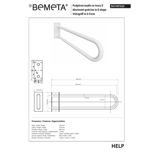 Bemeta HELP Uchwyt w kształcie litery U 850 mm biały z osłoną 301707323