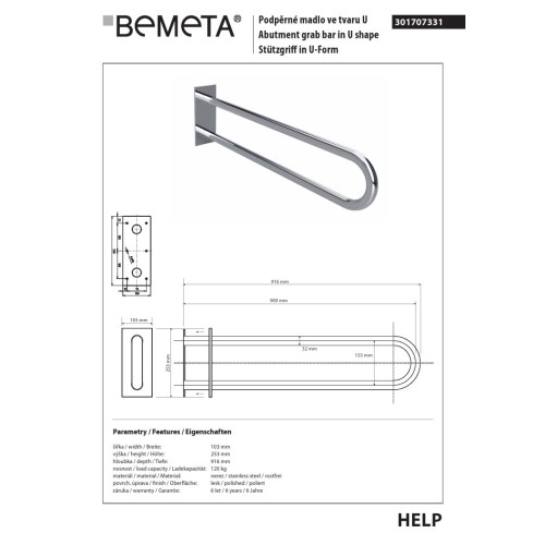 Bemeta HELP Uchwyt w kształcie litery U 900 mm stal nierdzewna z pokrywą 301707331