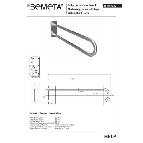 Bemeta HELP Uchwyt w kształcie litery U 900 mm matowy z osłoną 301707332