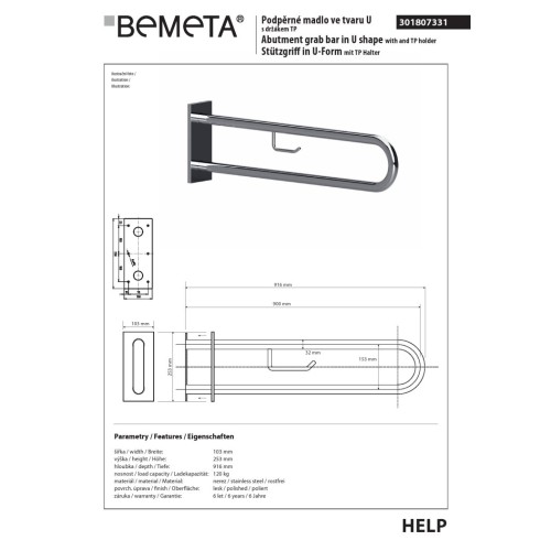 Bemeta HELP Uchwyt w kształcie litery U 900 mm stal nierdzewna z pokrywą i uchwytem TP 301807331