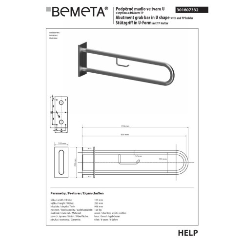 Bemeta HELP Uchwyt w kształcie litery U 900 mm matowy z pokrywą i uchwytem TP 301807332