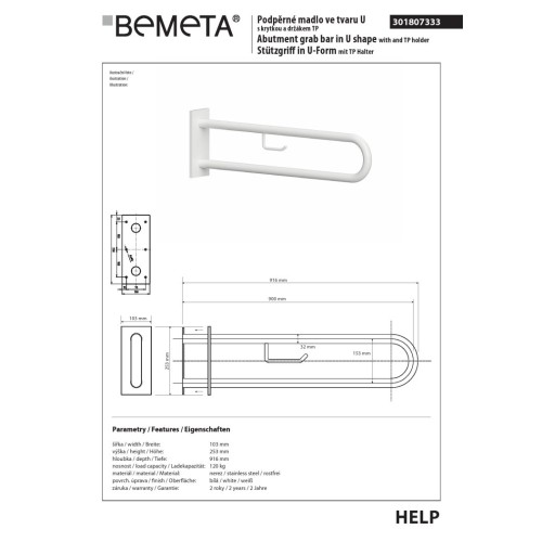 Bemeta HELP Uchwyt w kształcie litery U 900 mm biały z pokrywą i uchwytem TP 301807333