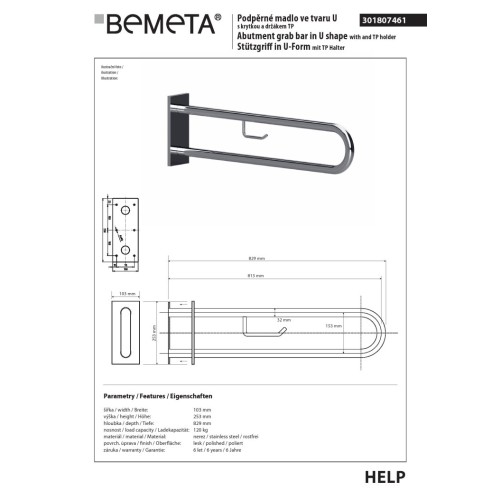 Bemeta HELP Uchwyt pomocniczy w kształcie litery U 813 mm stal nierdzewna z osłoną i uchwytem TP 301807461
