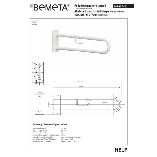 Bemeta HELP Uchwyt w kształcie litery U 813 mm biały z pokrywą i uchwytem TP 301807463