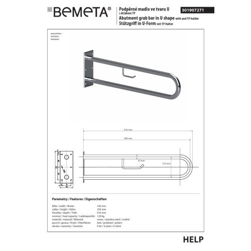 Bemeta HELP Uchwyt w kształcie litery U 600 mm stal nierdzewna z uchwytem TP 301907271