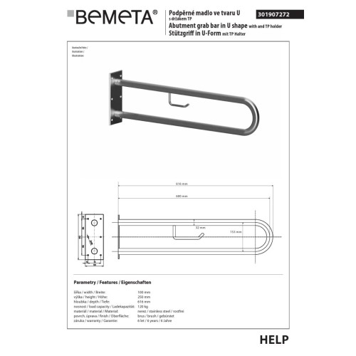 Bemeta HELP Uchwyt w kształcie litery U 600 mm stal nierdzewna szlifowana z uchwytem TP 301907272