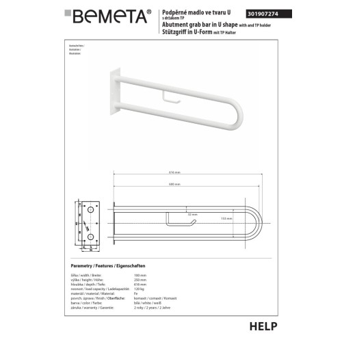 Bemeta HELP Uchwyt w kształcie litery U 600 mm biały z uchwytem TP 301907274
