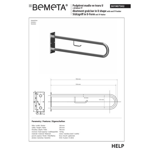 Bemeta HELP Uchwyt w kształcie litery U 750 mm stal nierdzewna szlifowana z uchwytem TP 301907302