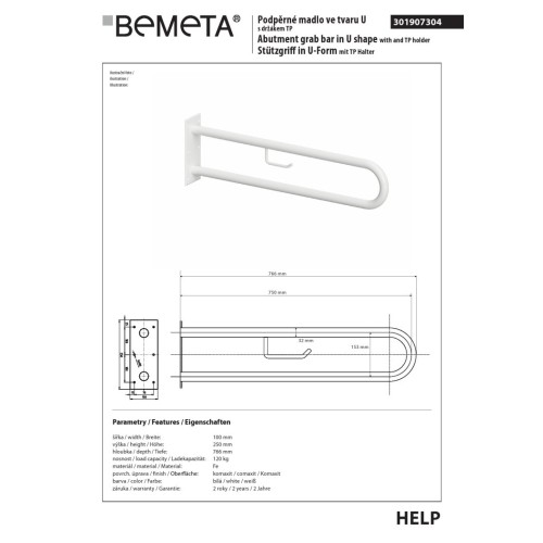 Bemeta HELP Uchwyt w kształcie litery U 750 mm biały z uchwytem TP 301907304