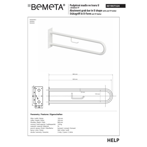 Bemeta HELP Uchwyt w kształcie litery U 850 mm biały z uchwytem TP 301907324