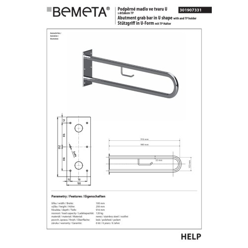 Bemeta HELP Uchwyt w kształcie litery U 900 mm stal nierdzewna błyszcząca z uchwytem TP 301907331