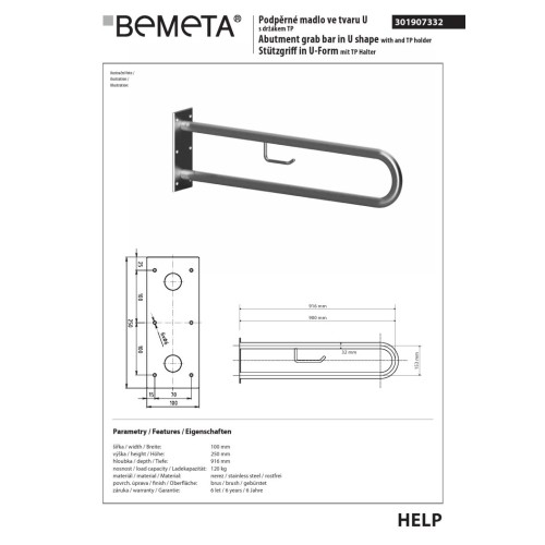 Bemeta HELP Uchwyt w kształcie litery U 900 mm stal nierdzewna szlifowana z uchwytem TP 301907332