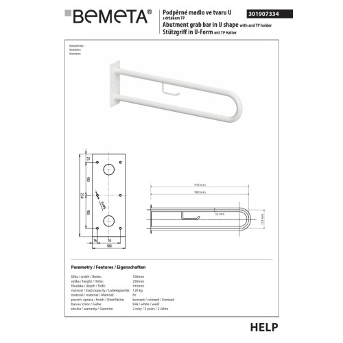 Bemeta HELP Uchwyt w kształcie litery U 900 mm biały z uchwytem TP 301907334