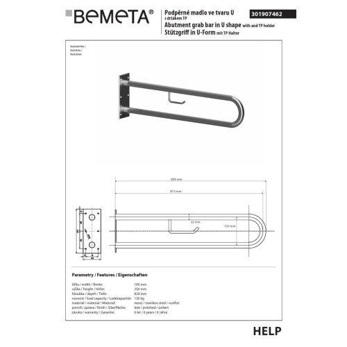 Bemeta HELP Uchwyt w kształcie litery U 813 mm stal nierdzewna szlifowana z uchwytem TP 301907462