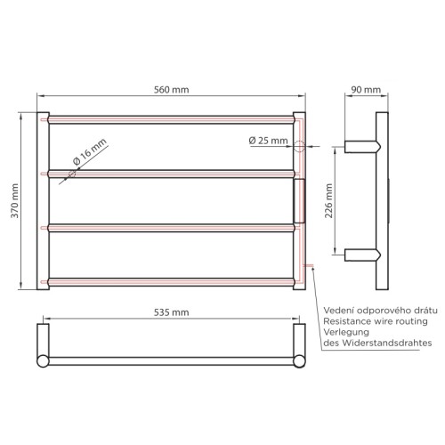 Wymiary suszarki Bemeta 704151080 czarna 560x370 mm