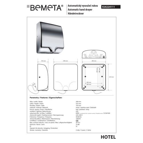 Bemeta Automatyczna suszarka do rąk 1000W stal nierdzewna błyszcząca z filtrem HEPA 924224111