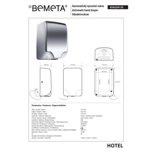 Bemeta Automatyczna suszarka do rąk -1350W stal nierdzewna szczotkowana 924224135