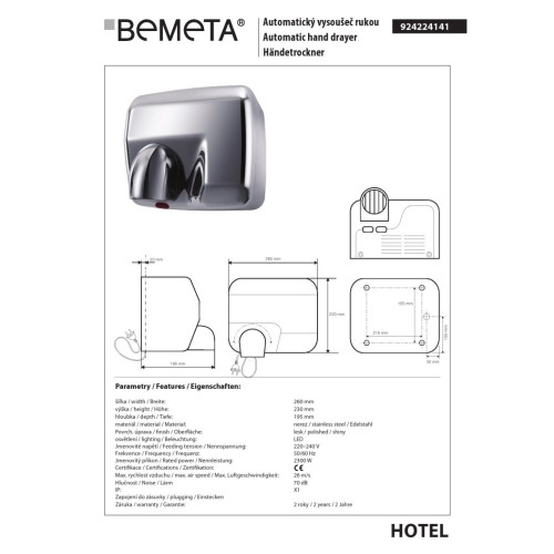 Bemeta Automatyczna suszarka do rąk 2300W stal nierdzewna błyszcząca 924224141