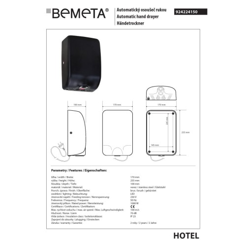 Bemeta Suszarka do rąk bezdotykowa - 1000W światło LED czarna 924224150