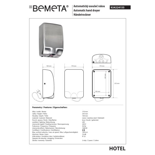 Bemeta Suszarka do rąk bezdotykowa - 1000W oświetlenie LED stal nierdzewna matowa 924224155