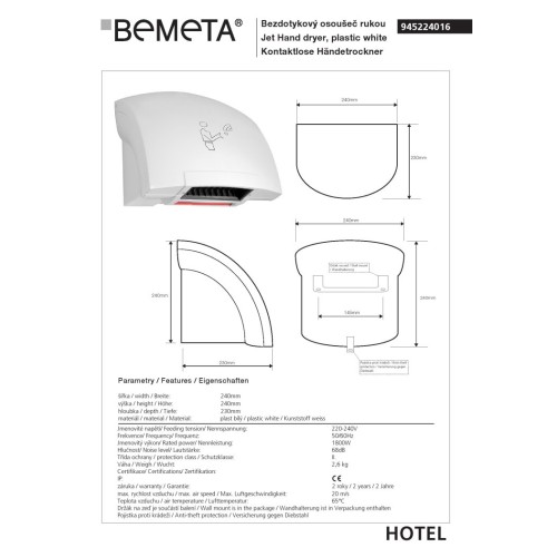 Bemeta Automatyczna suszarka do rąk plastikowa biała 945224016