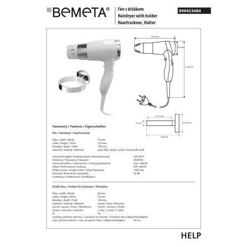 Bemeta suszarka do włosów 1400W biała zestaw z uchwytem omega 999433084