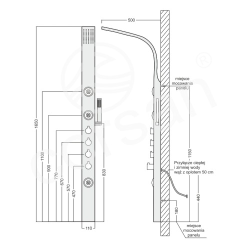 Panel prysznicowy Corsan Snake S-002 termostatyczny inox