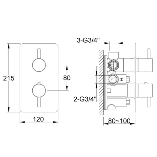 Kohlman AXEL QW433A chrom bateria wannowa termostatyczna podtynkowa rysunek techniczny