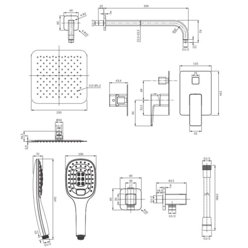 Omnires Parma system prysznicowy podtynkowy SYSPM10CR chrom rysunek techniczny