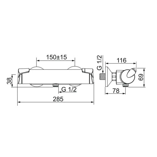 Oras Optima 7160U bateria natryskowa termostatyczna – rysunek techniczny